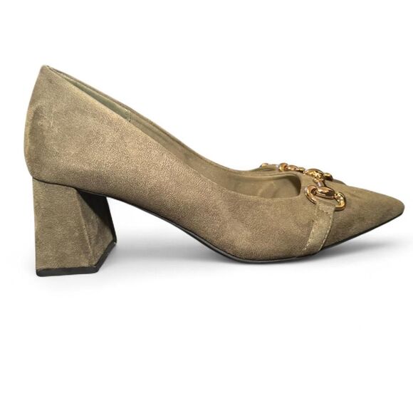 Torta Caliente 10W Faux Suede Block Heel Pumps Green Gold Bit Detail Comfort Sho - Picture 3 of 8
